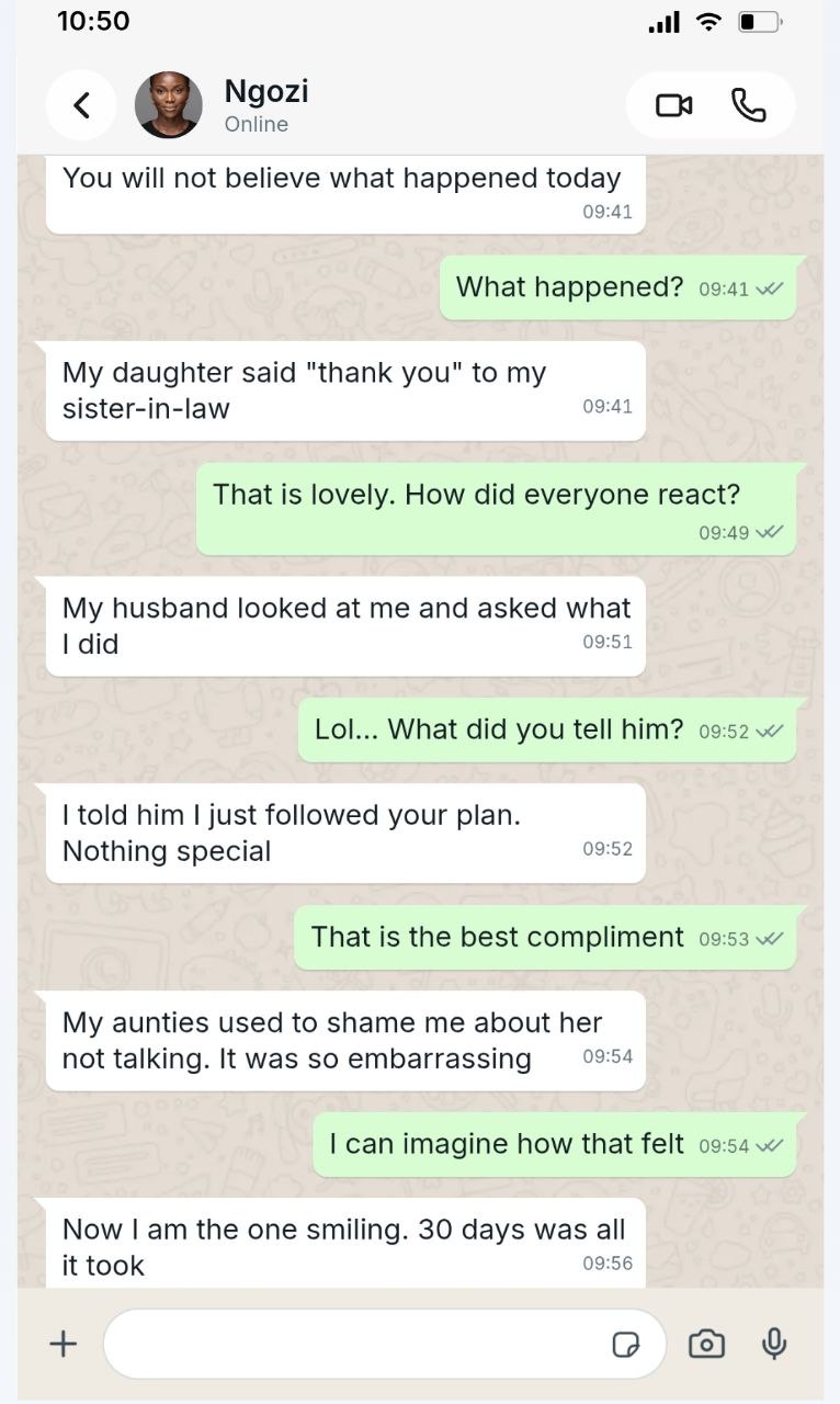 WhatsApp testimonial screenshot from Ngozi