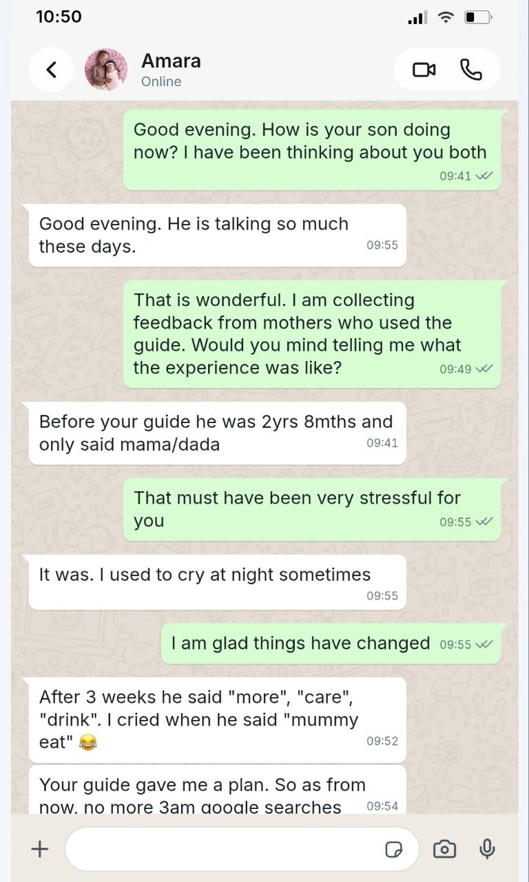 WhatsApp testimonial screenshot from Amara