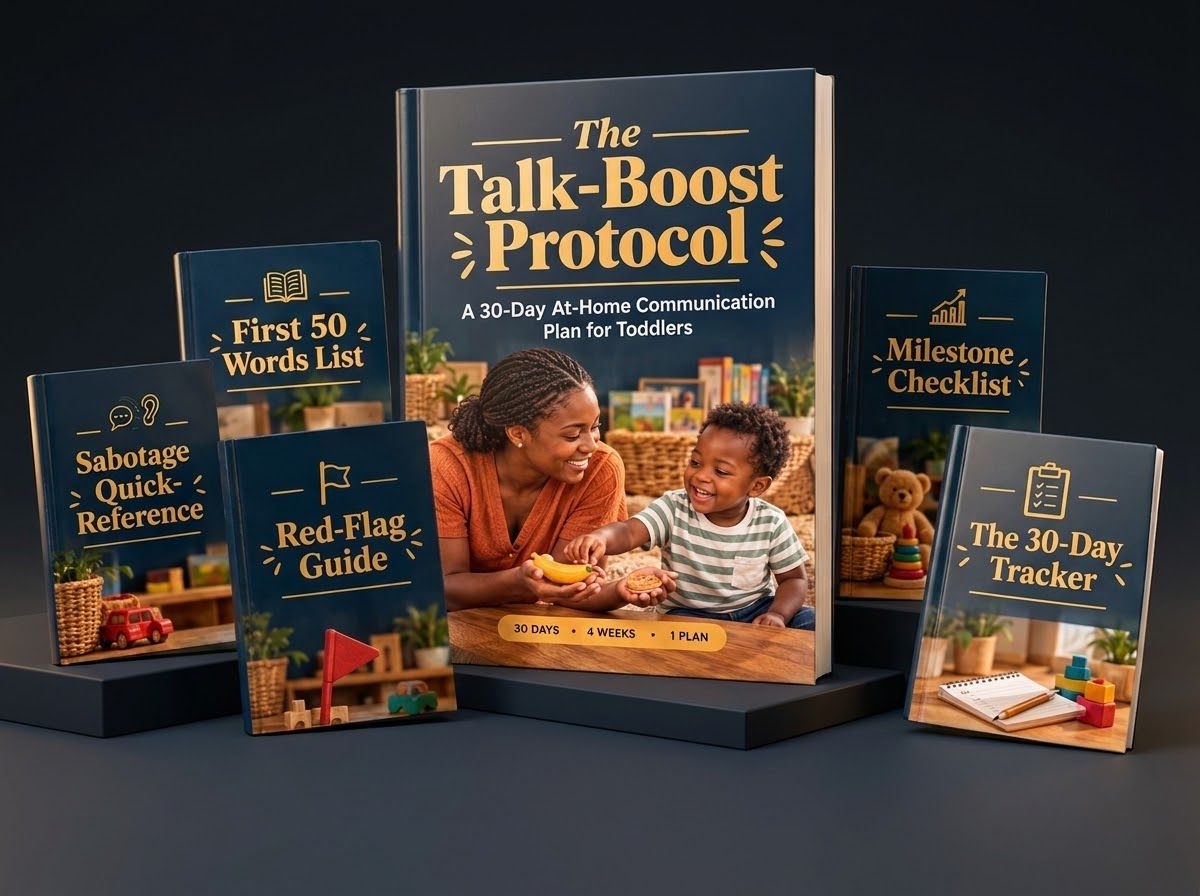 The complete Talk-Boost system: Protocol, Tracker, Sabotage Quick-Reference, Milestone Checklist, First 50 Words List, and Red-Flag Guide